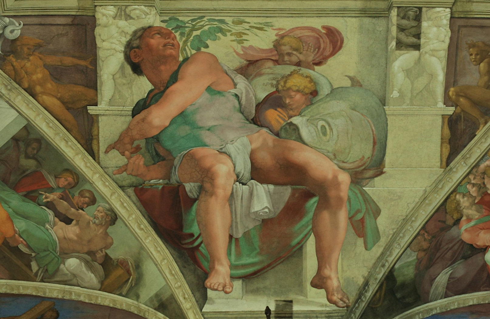 Rome Day Tours of the Vatican show off amazing details such as this highlight by Michelangelo of Jonah in the Sistine Chapel Ceiling