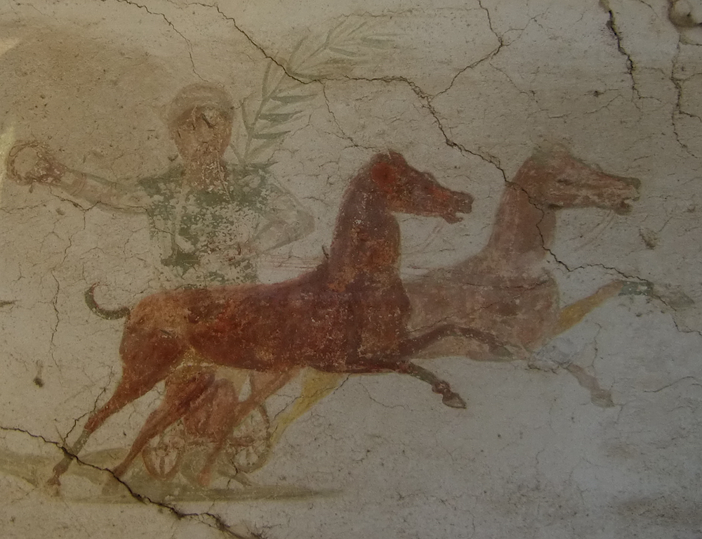 Rome Day Tours of Ostia Antica showcase amazing highlights of Rome's ancient Port city, such as this incredibly well preserved ancient frescoe of a chariot driver