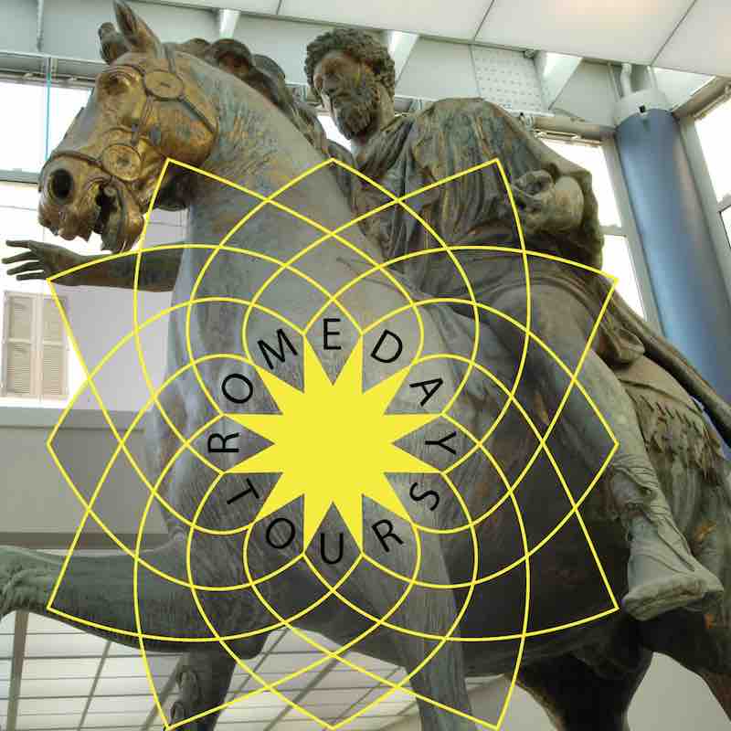 Rome Day Tours New Logo of Marcus Aurelius with a clever Sun Like Overlay Pattern